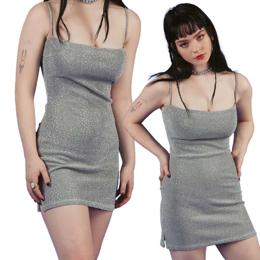 UNIF O-Ren Dress Mini Bodycon Rhinestones Square Neck Silver Gray XS